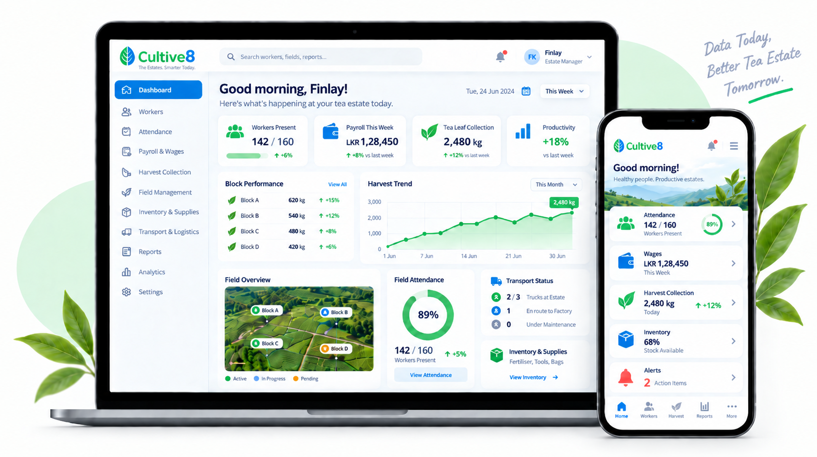 Cultive8 software showcase on laptop and mobile, displaying workforce, payroll, harvest, and field management dashboards